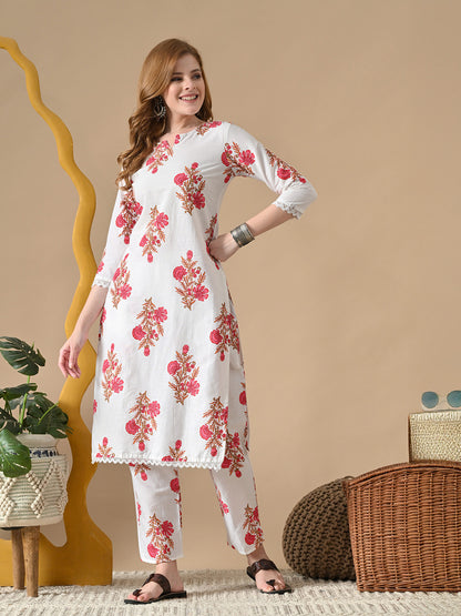 Women Floral Printed Pure Cotton Kurta with Trousers