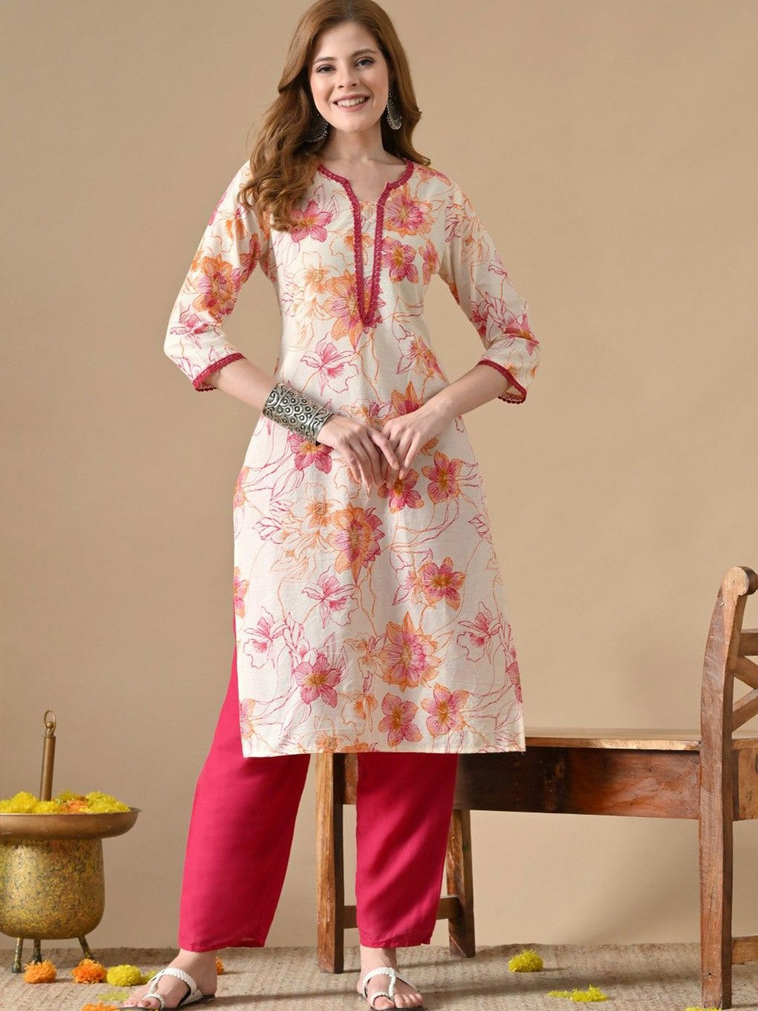 Floral Printed Thread Work Detail Pure Cotton A -Line Kurta
