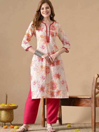 Floral Printed Thread Work Detail Pure Cotton A -Line Kurta