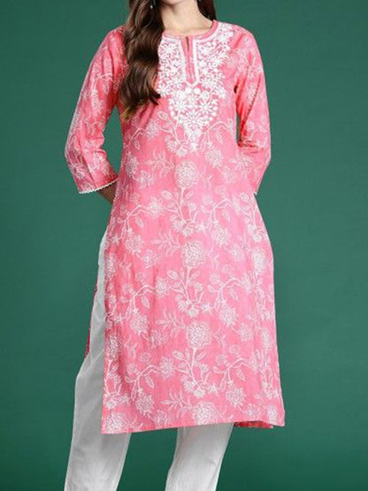 Floral Printed Notch Neck Straight Cotton Kurta