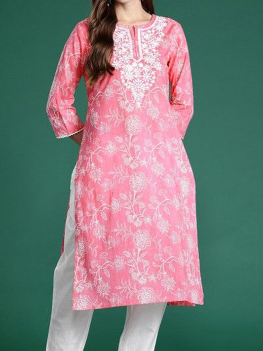 Floral Printed Notch Neck Straight Cotton Kurta