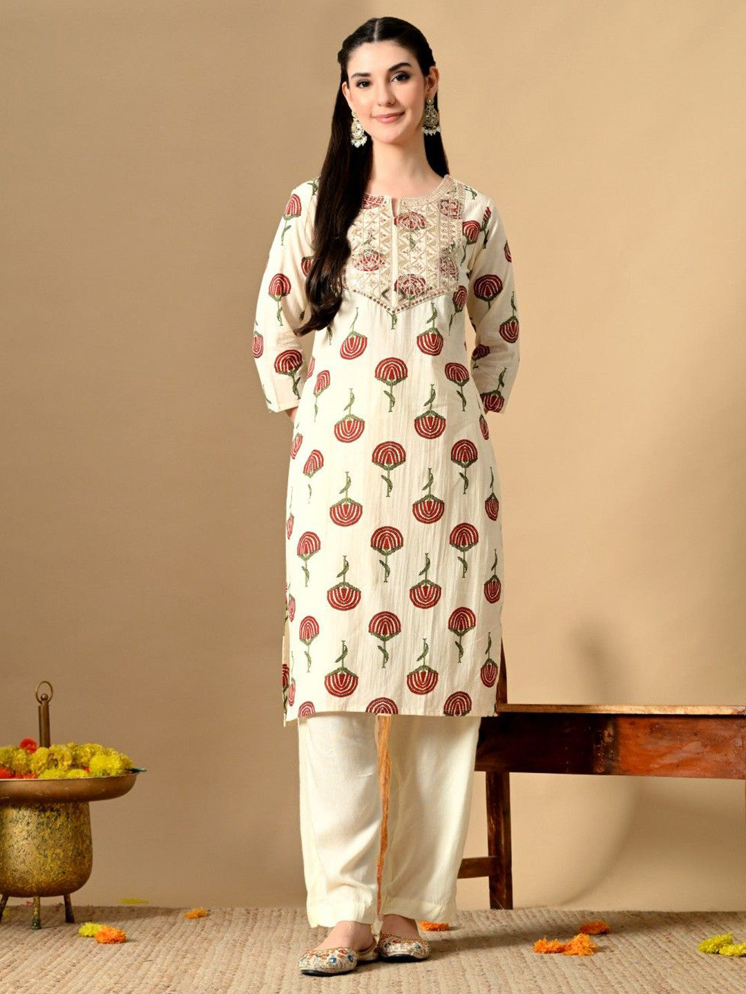 Women Floral Printed Screen Print Daily Cotton Straight Kurta