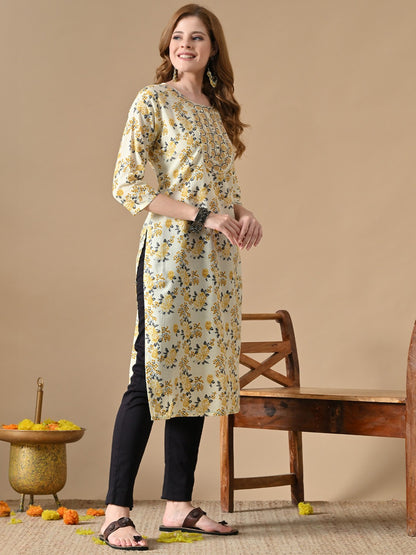 Floral Printed Cotton Straight Kurta