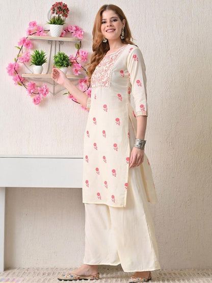 Women Floral Printed Yoke Embroidered Cotton Kurta