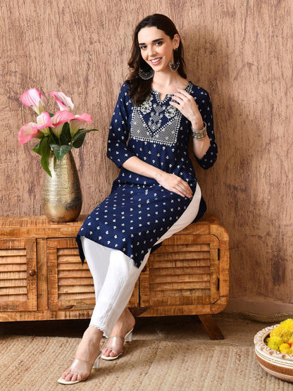 Women Woven Design Embroidered Screen Print Festive Cotton Straight Kurta