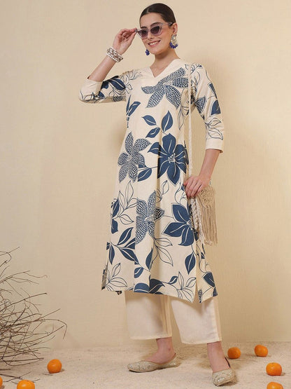 Women Floral Print V-Neck Straight Kurta