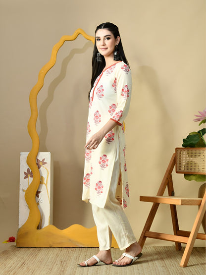 Floral Printed V-Neck Pure Cotton Straight Kurta With Trousers