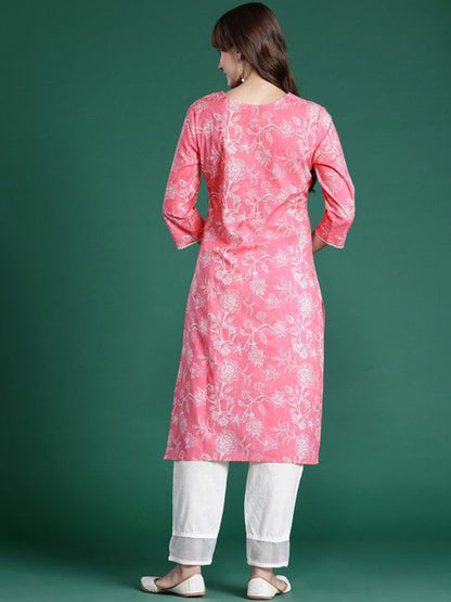 Floral Printed Notch Neck Straight Cotton Kurta