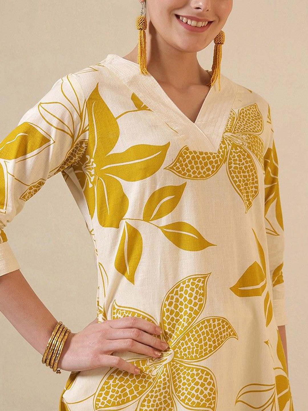 Floral Printed V-Neck Cotton A-Line Kurta