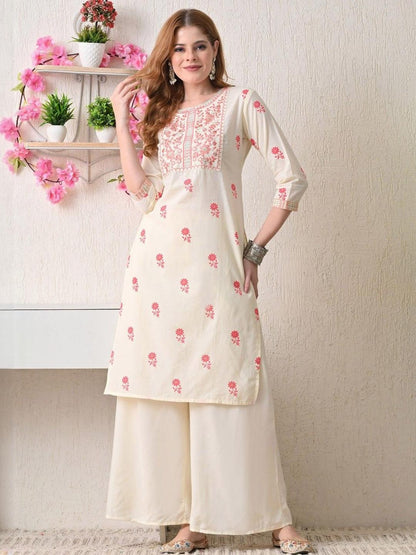 Women Floral Printed Yoke Embroidered Cotton Kurta