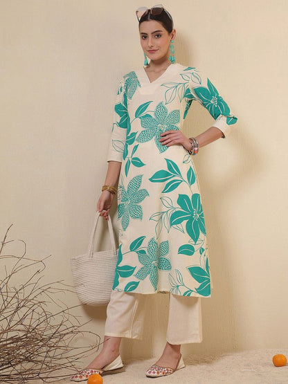 Floral Printed V-Neck A-Line Cotton Kurta
