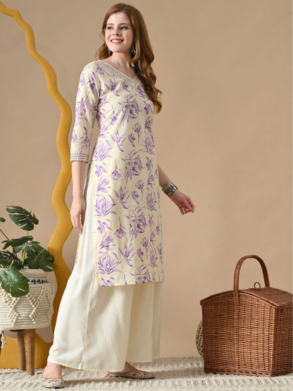 Women Floral Embroidered V-Neck Thread Work Straight Kurta