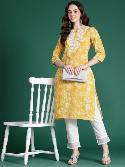 Floral Printed Notch Neck Straight Cotton Kurta