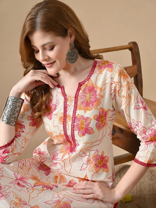 Floral Printed Thread Work Detail Pure Cotton A -Line Kurta