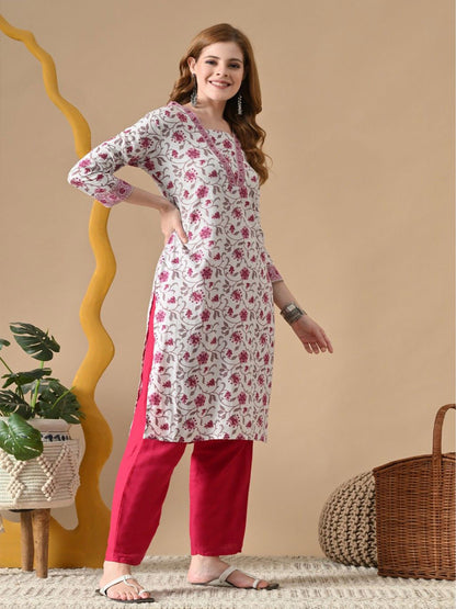 Floral Printed V-Neck Cotton Straight Kurta