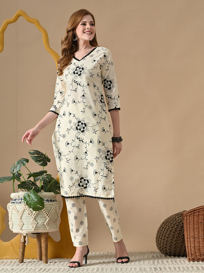 Women Floral Printed Regular Pure Cotton Kurta with Trousers