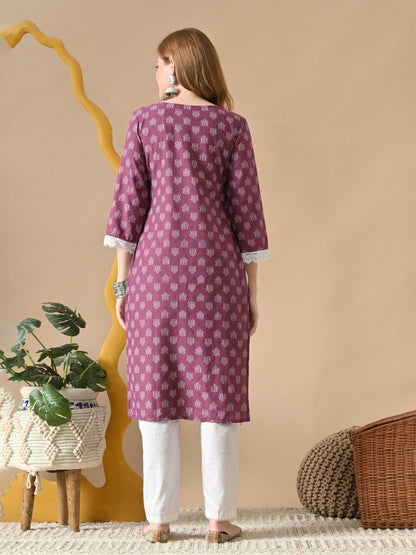 Women Ethnic Motifs Printed Thread Work Lace Cotton Kurta