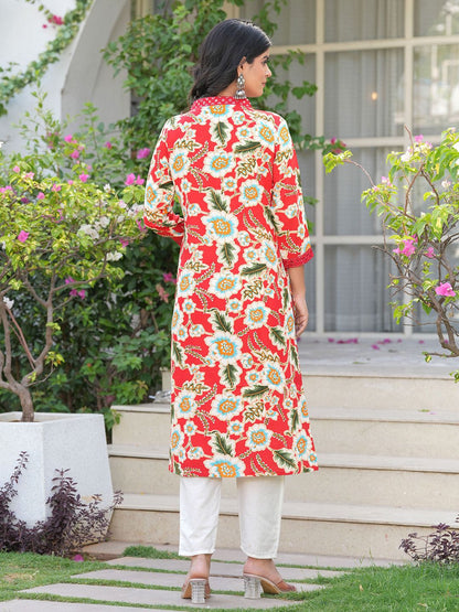 Women Floral Printed Flared Sleeves Thread Work A-Line Kurta