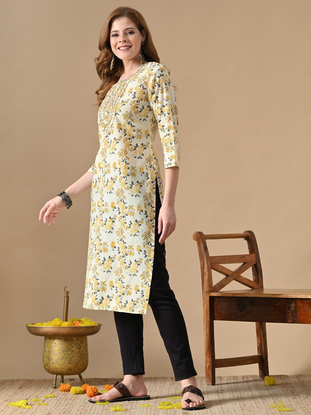 Floral Printed Cotton Straight Kurta