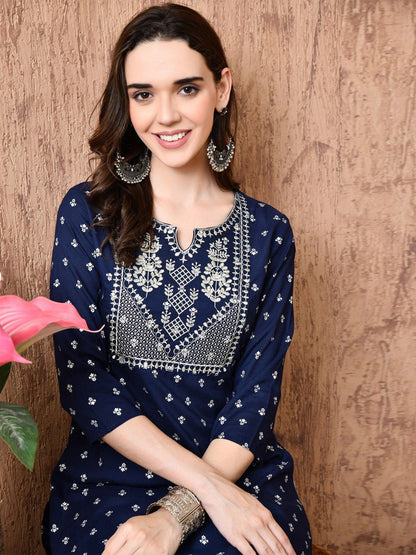 Women Woven Design Embroidered Screen Print Festive Cotton Straight Kurta
