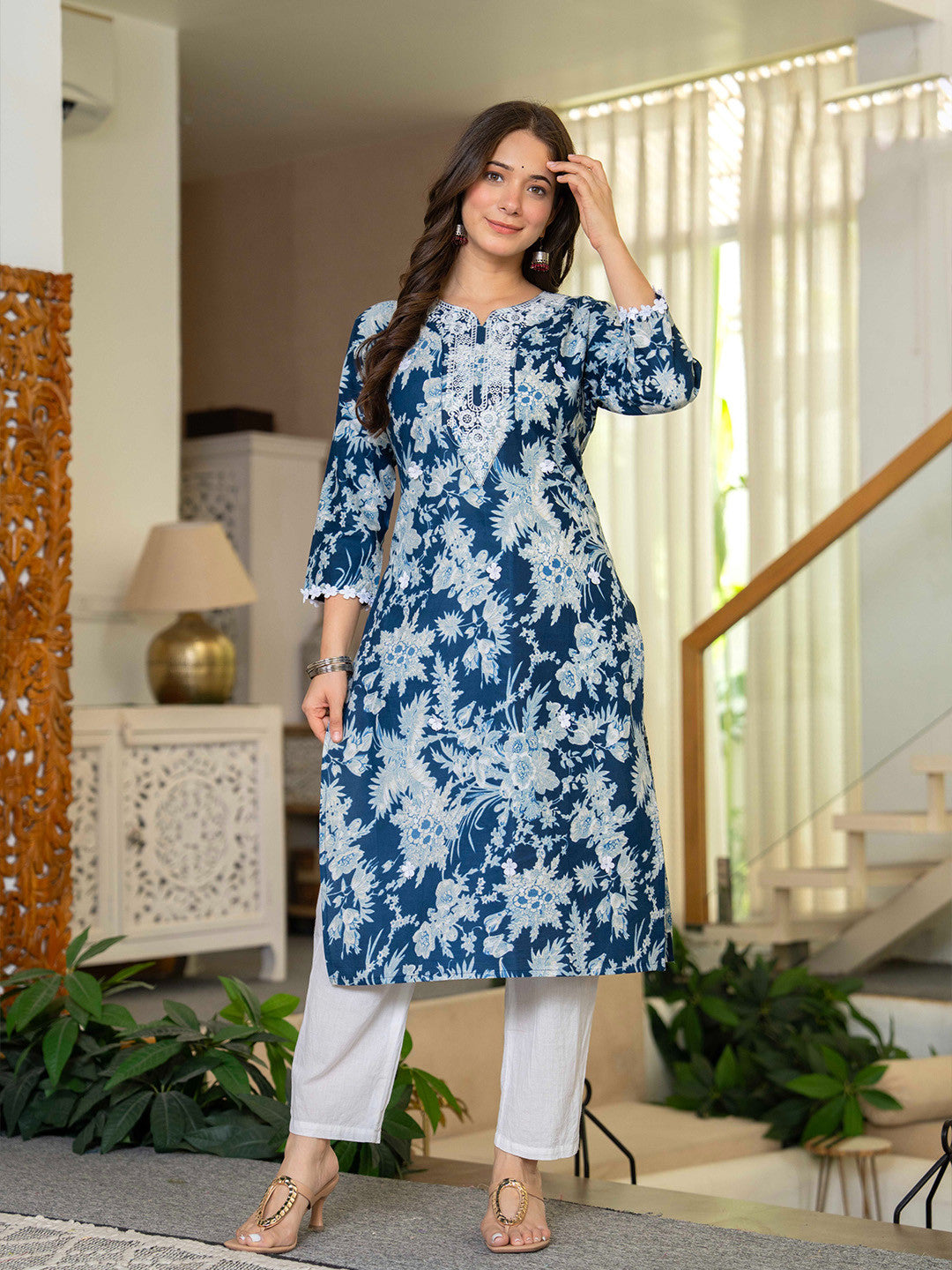 Women Floral Printed Festive Cotton Straight Kurta