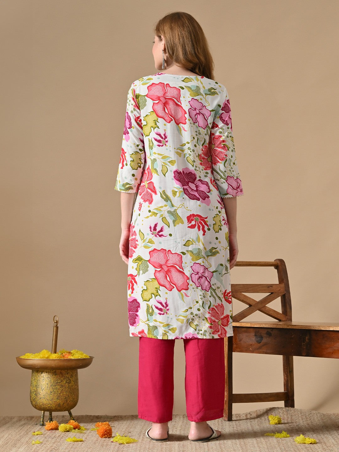Floral Printed Notch-Neck Straight Cotton Kurta
