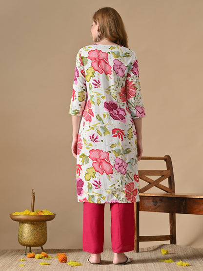Floral Printed Notch-Neck Straight Cotton Kurta