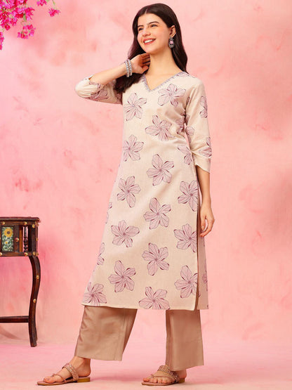 Floral Printed V-Neck Pure Cotton Straight Kurta