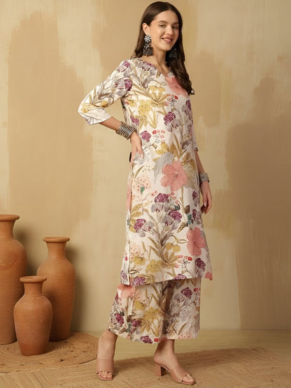 Women Floral Printed Cotton Kurta with Palazzos