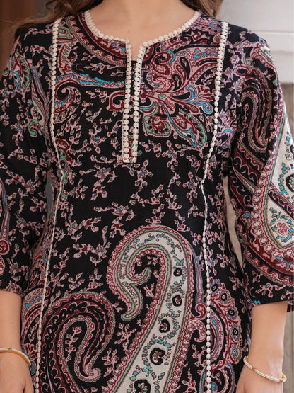 Paisley Printed Notch Neck Straight Pure Cotton Kurta with Trouser