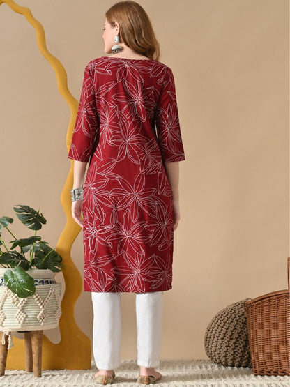 Floral Printed V-Neck Straight Cotton Kurta