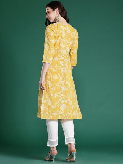 Floral Printed Notch Neck Straight Cotton Kurta