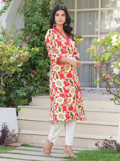 Women Floral Printed Flared Sleeves Thread Work A-Line Kurta
