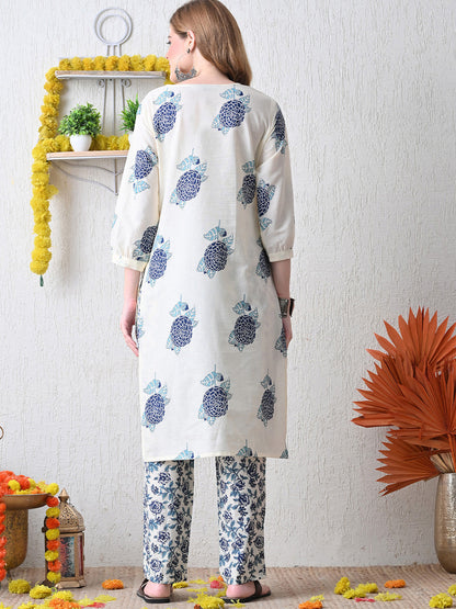 Floral Printed V-Neck Pure Cotton Straight Kurta With Trousers
