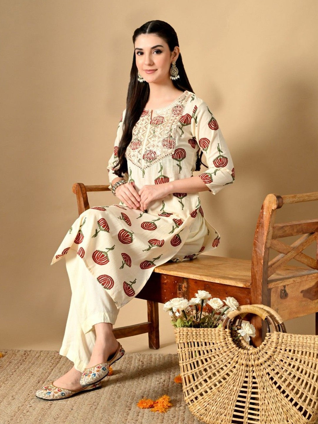 Women Floral Printed Screen Print Daily Cotton Straight Kurta