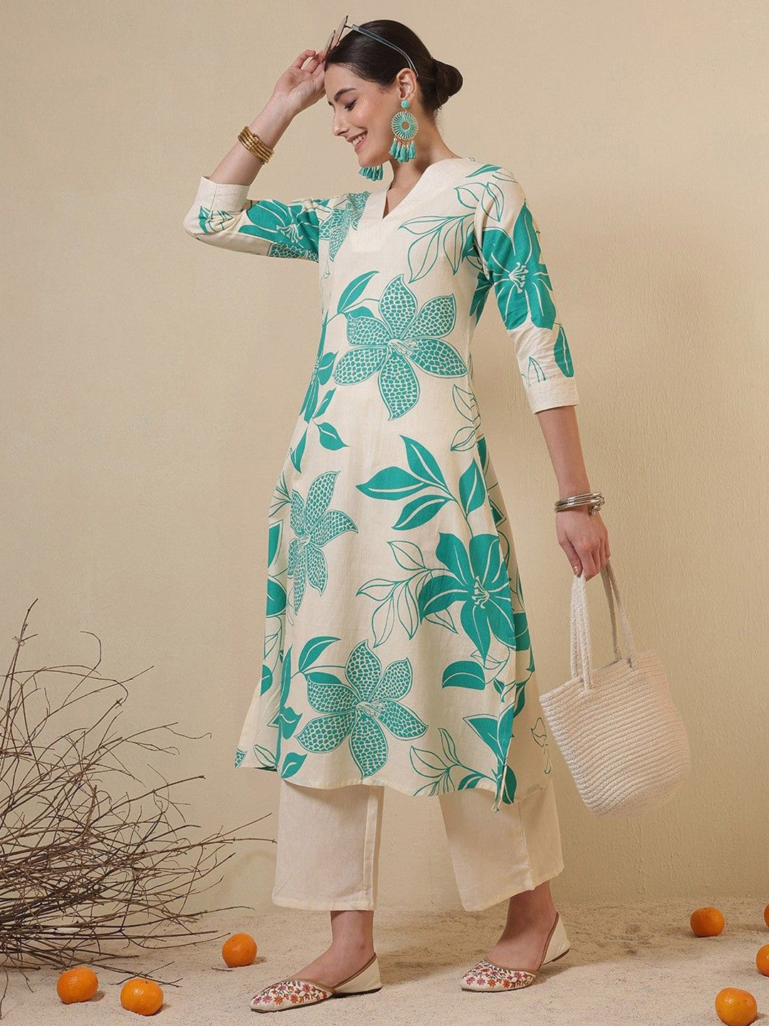 Floral Printed V-Neck A-Line Cotton Kurta
