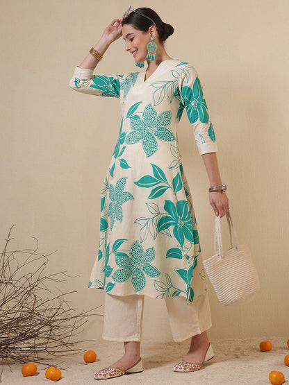 Floral Printed V-Neck A-Line Cotton Kurta