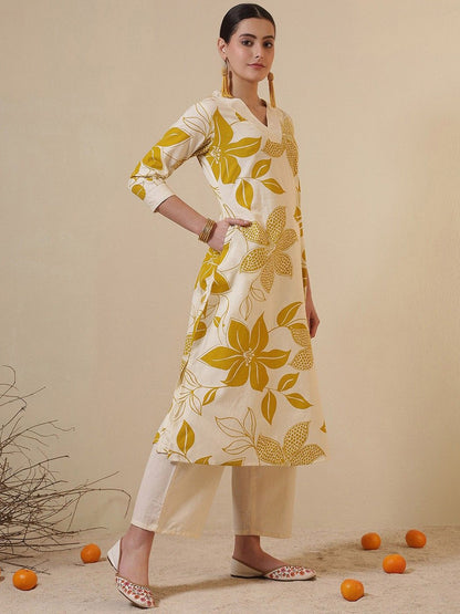 Floral Printed V-Neck Cotton A-Line Kurta