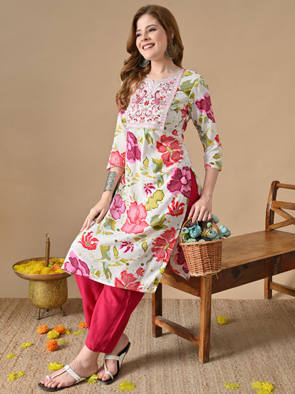 Floral Printed Notch-Neck Straight Cotton Kurta