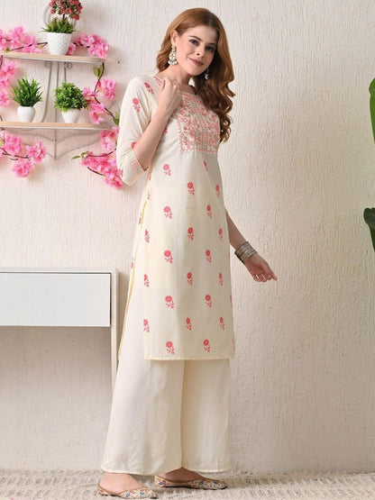 Women Floral Printed Yoke Embroidered Cotton Kurta