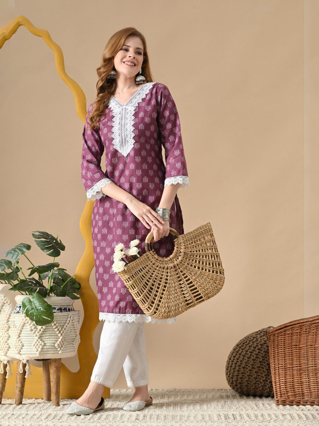 Women Ethnic Motifs Printed Thread Work Lace Cotton Kurta