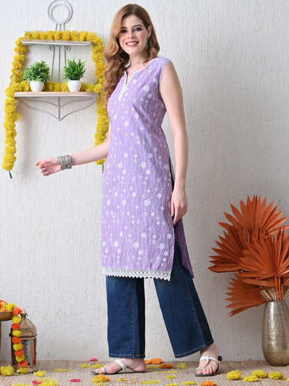 Women Floral Printed Thread Work Straight Kurta