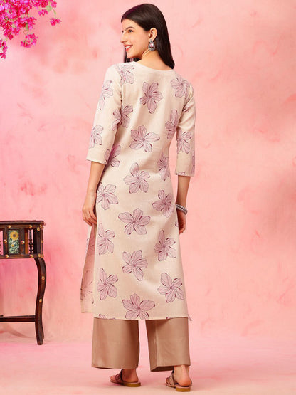 Floral Printed V-Neck Pure Cotton Straight Kurta