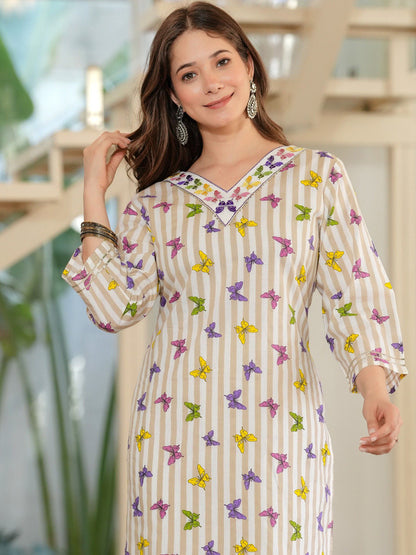 Women Geometric Checked Keyhole Neck Thread Work Kurta