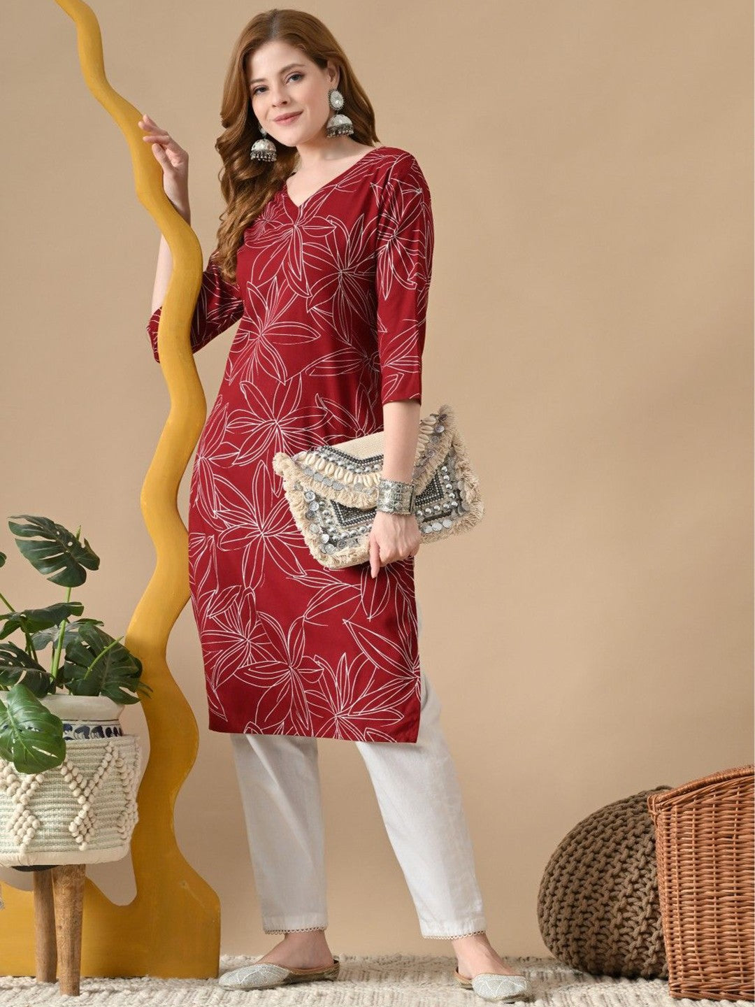 Floral Printed V-Neck Straight Cotton Kurta