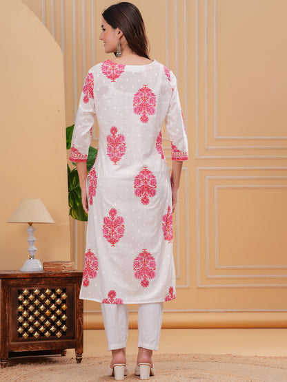Ethnic Motifs Printed Thread Work Cotton Straight Kurta