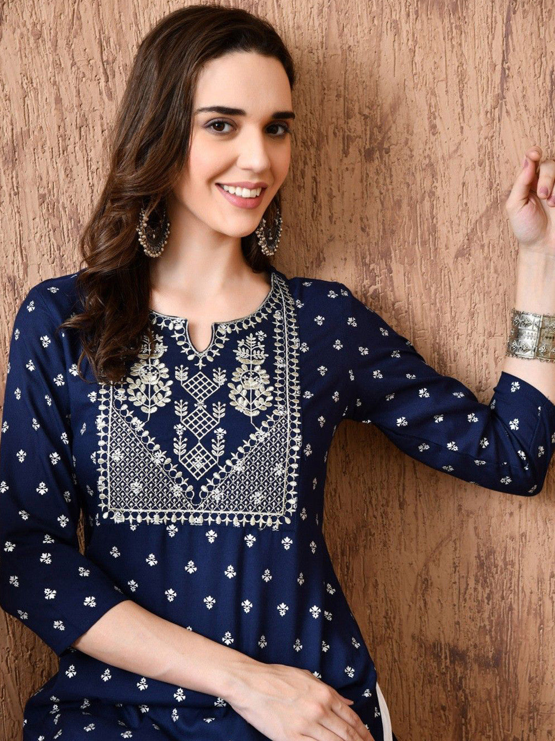 Women Woven Design Embroidered Screen Print Festive Cotton Straight Kurta