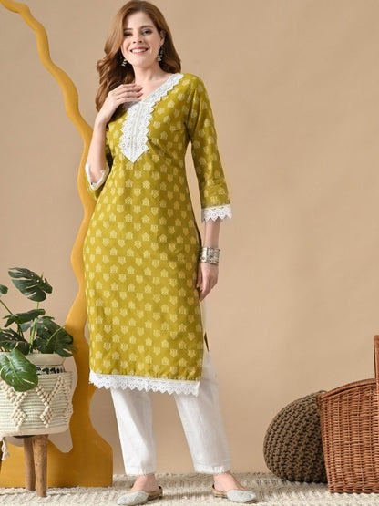 Women Cotton Ethnic Motifs Printed Lace Kurta