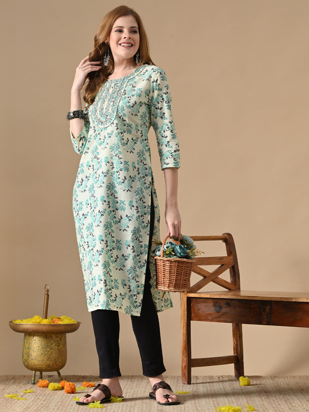 Floral Printed Cotton Straight Kurta