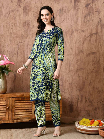 Paisley Printed Notch Neck Pure Cotton Kurta With Trousers